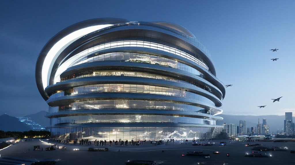 未来城市的高科技大厦，象征亚马逊全新AI组织，展示大模型、自研芯片和量子计算技术的应用。