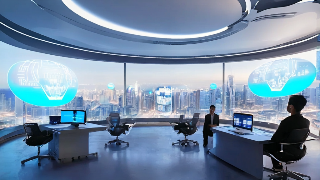 Scene of AI email marketing in a futuristic 2025 office, showcasing efficient customer acquisition strategies