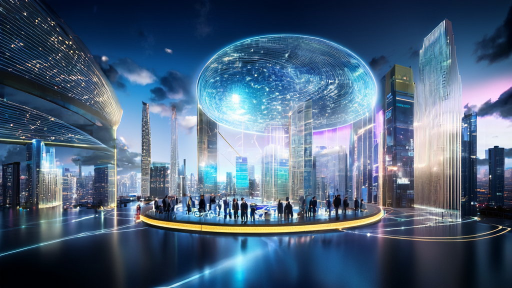 A futuristic city exhibition showcasing the latest AI acquisition and marketing strategies