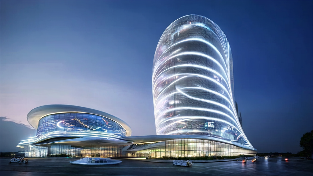 未来城市的跨境电商总部，展示AI技术如何助力突破获客瓶颈，实现高转化率