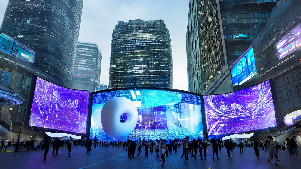 Digital advertising screens in a futuristic city showcasing the Douban Model assisting cross-border e-commerce in precisely targeting audiences and reducing CPA