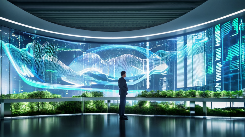 A futuristic office scene showcasing the workings of an AI customer prediction model