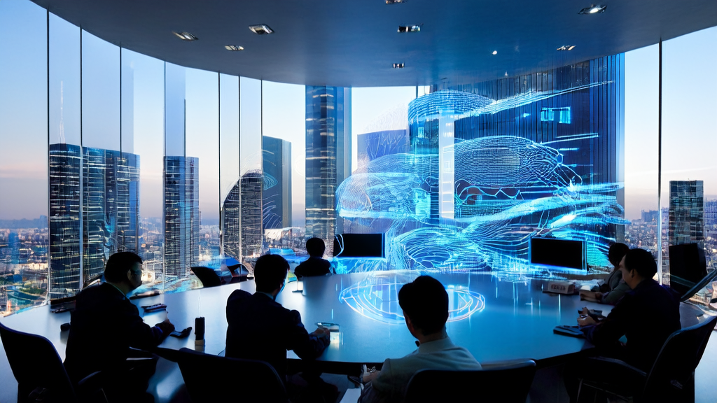 A futuristic city's business uses AI customer prediction models to accurately screen high-quality customers, reduce ineffective investments, and achieve efficient growth