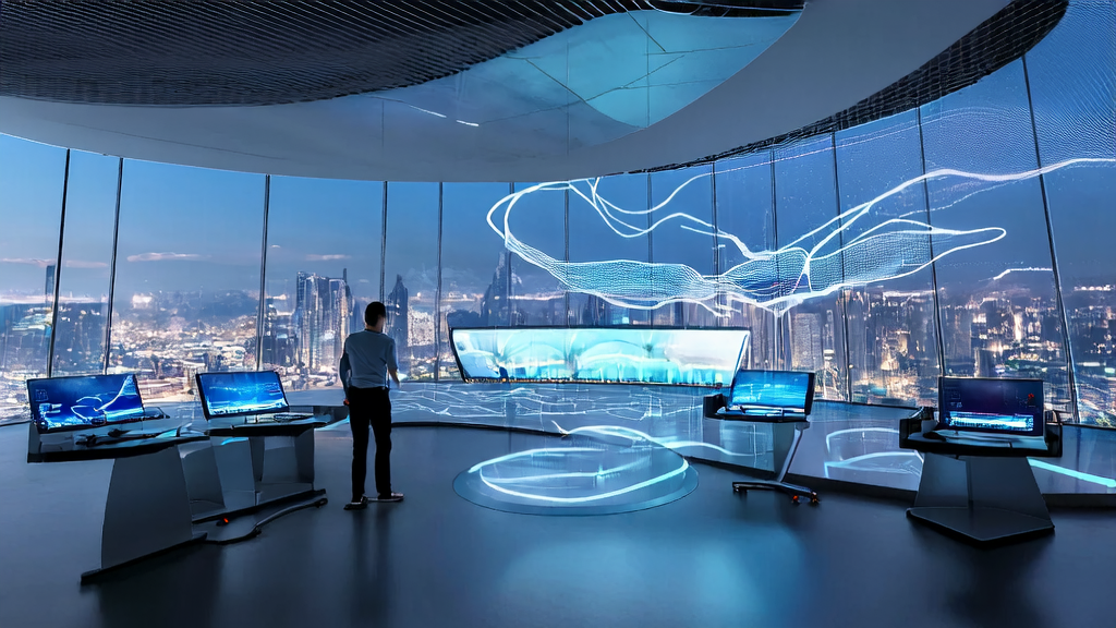 未来城市的高科技办公室内，程序员正在操作AI客户预测模型，进行精准客户筛选。