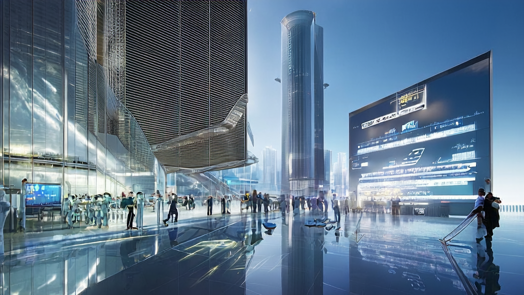 2025 AI Guest Acquisition Trends for Cross-Border E-commerce: A futuristic city scene featuring intelligent robots, data analysis, and multilingual marketing