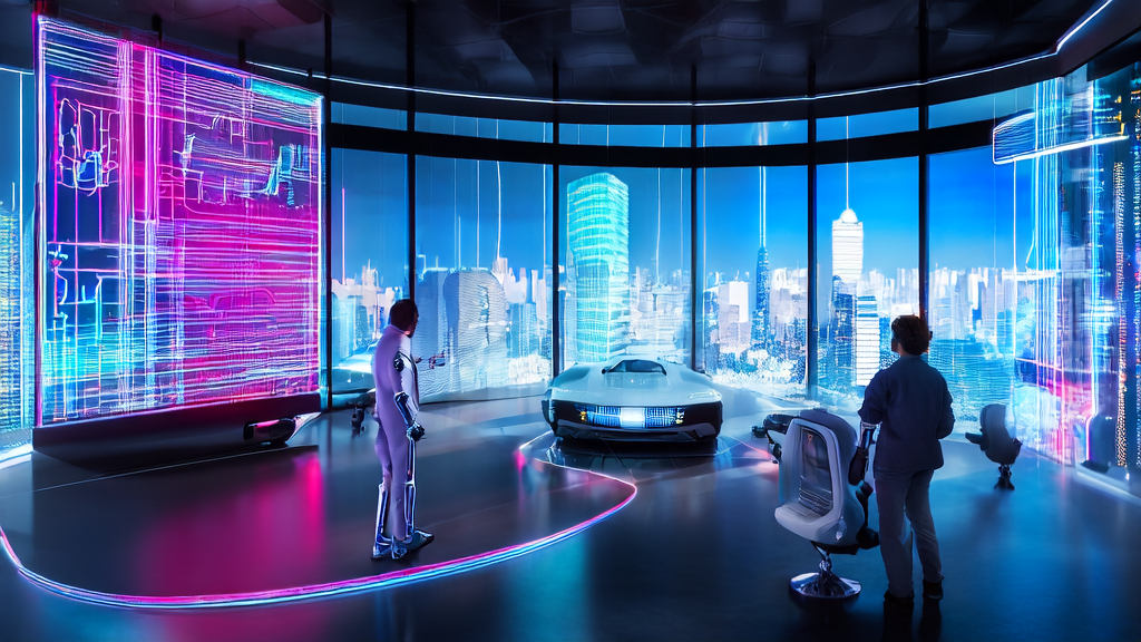 Entrepreneur using AI technology to optimize independent site SEO in a futuristic office