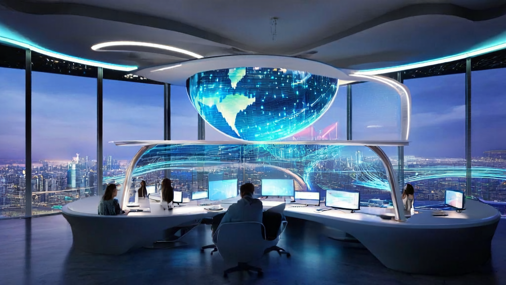 Business professionals in a futuristic office using AI technology for cost-effective and high-conversion customer acquisition in cross-border e-commerce