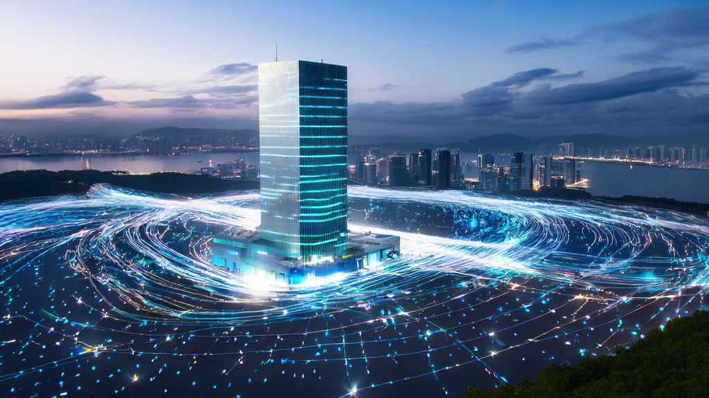 A modern independent station skyscraper in a futuristic city, with an entrepreneur monitoring real-time AI keyword optimization data through a holographic screen