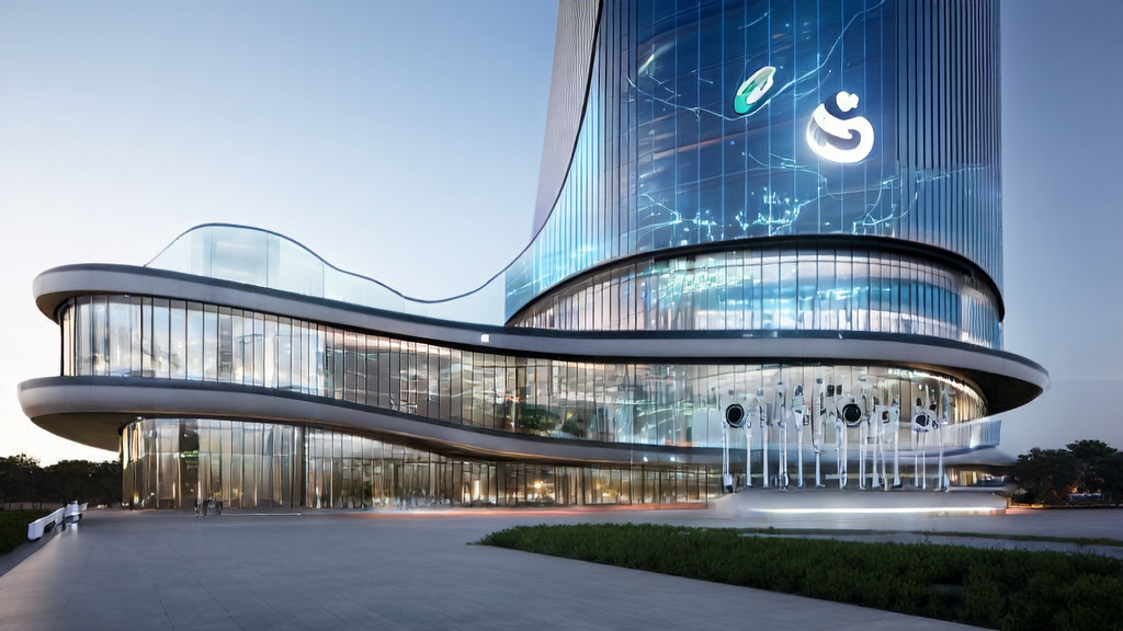 A futuristic office building showcasing how AI technology helps cross-border e-commerce break through growth bottlenecks