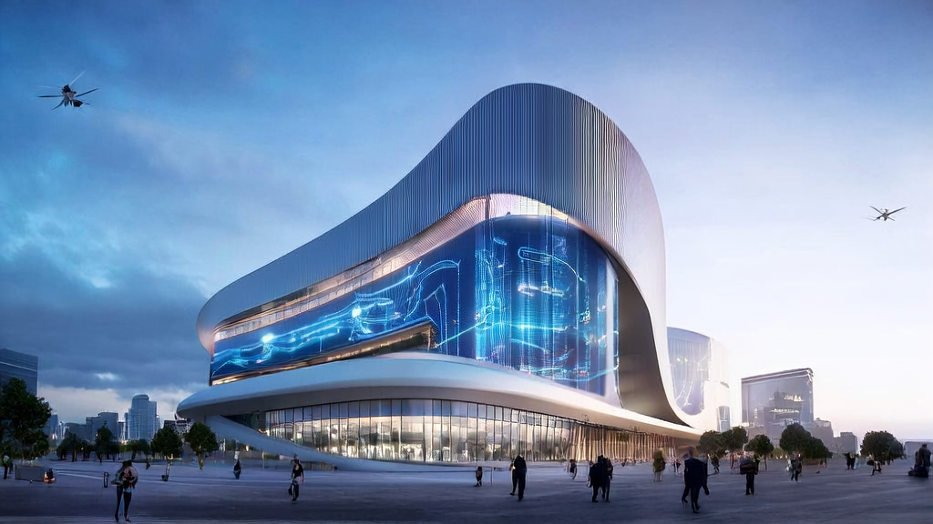 Modern independent station office building in a futuristic city, showcasing AI keyword optimization results, with pedestrians using Quark AI browser for real-time suggestions
