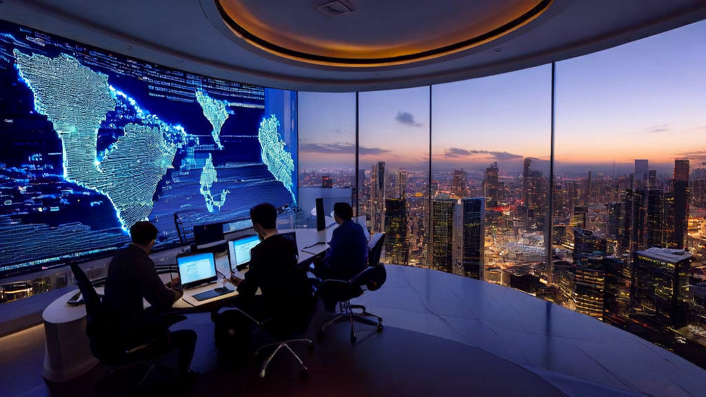 In a high-tech office in a futuristic city, young entrepreneurs are discussing how to leverage AI technology to boost cross-border e-commerce growth