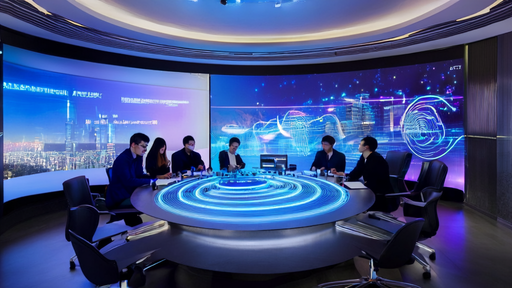 A futuristic office where a cross-border e-commerce team uses AI technology for customer prediction and automated marketing, with a bustling city night view outside the window.