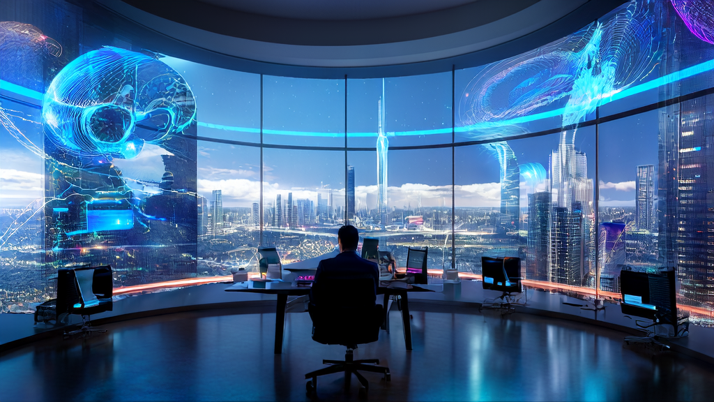 E-commerce entrepreneur in a futuristic city using AI technology to analyze markets and generate multilingual marketing content