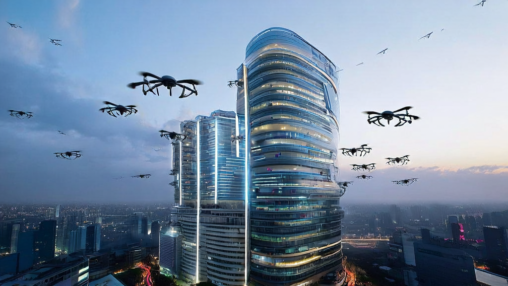 A futuristic city scene where a cross-border e-commerce team uses AI technology to optimize customer acquisition strategies, showcasing the new trends in AI acquisition for 2025.