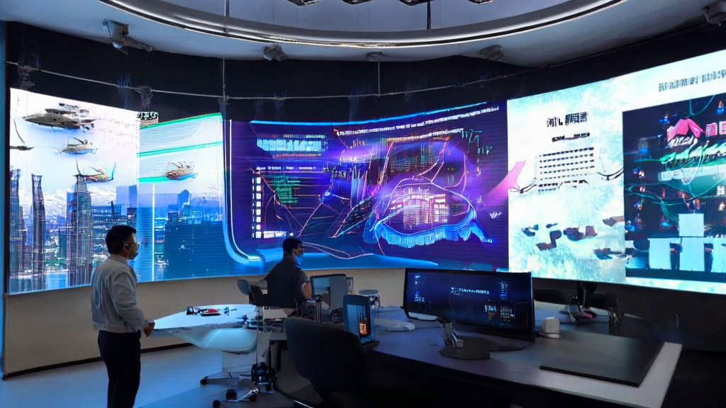 未来城市中的高科技办公室，展示AI在跨境电商中的应用，如客户预测模型和广告投放优化。