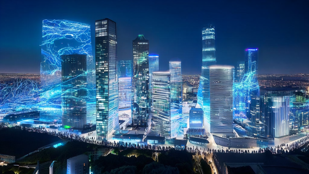 In a futuristic city, young entrepreneurs are watching and discussing success stories of AI technology and cross-border e-commerce, with a robot assistant providing data analysis and market trend reports.