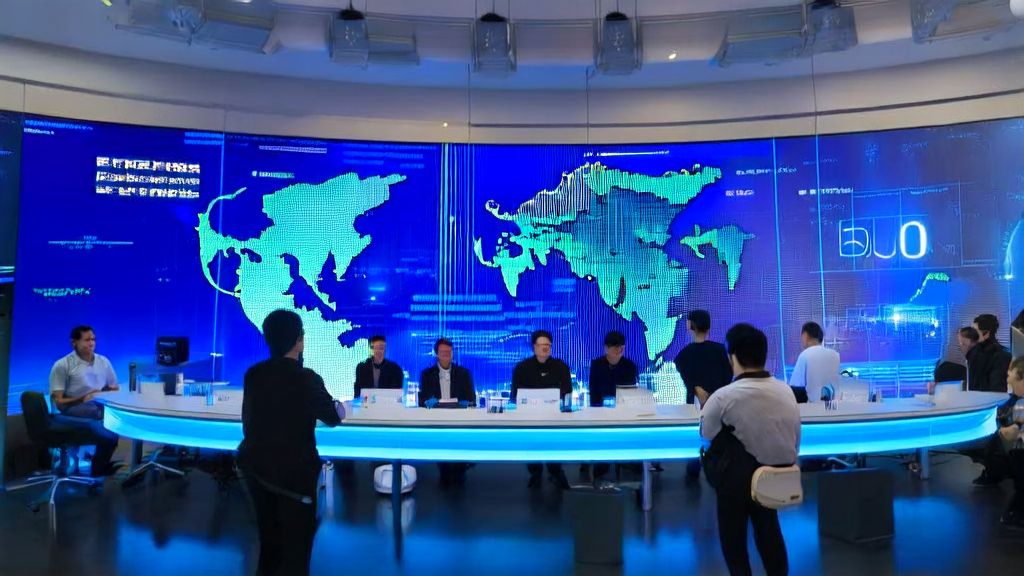 Young entrepreneurs in a futuristic office using AI technology for global market expansion and real-time translation