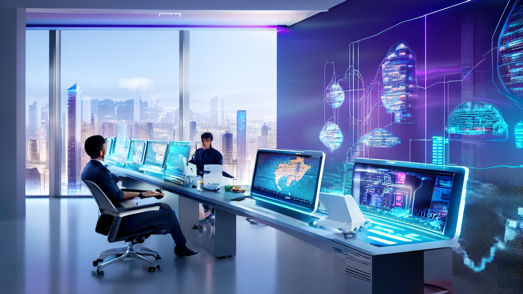 In a futuristic office, an entrepreneur analyzes cross-border e-commerce data using AI technology, with a city night view outside and a world map in the background.