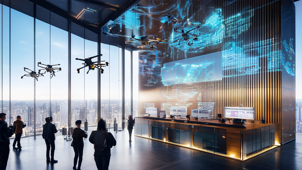 未来城市中的跨境电商办公室，展示AI技术在获客和运营中的应用