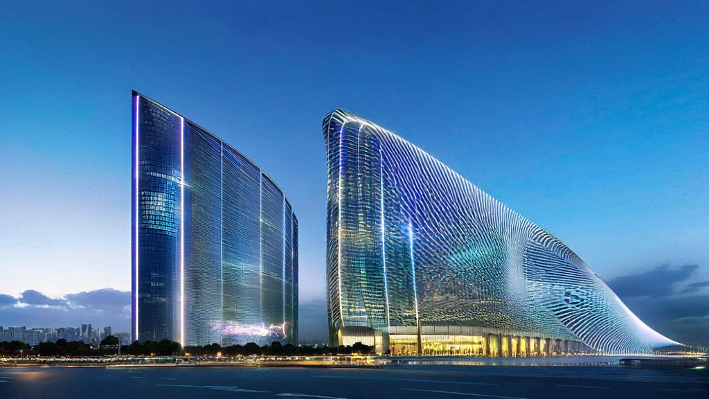 未来城市中的跨境电商大厦，展示AI生成的多语言营销内容，背景为安徽“十五五”规划的国家数据枢纽中心