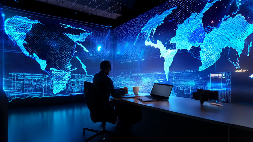 Programmers in a futuristic office using AI technology for cross-border e-commerce customer acquisition, with screens displaying real-time data analysis and global customer distribution