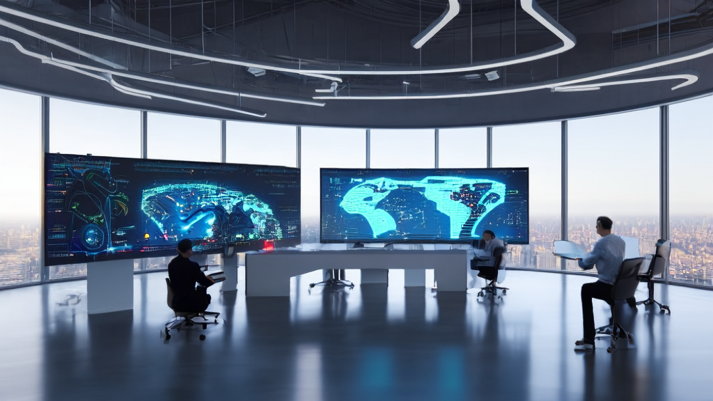 A futuristic office with AI acquisition systems monitoring global market data to help cross-border e-commerce break through growth bottlenecks