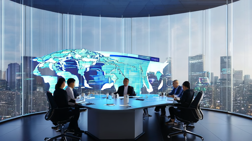 In a futuristic city meeting room, cross-border e-commerce executives are discussing how to break growth bottlenecks using AI technology