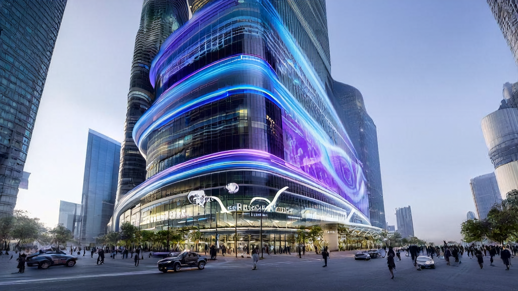 未来城市中的AI代理Manus大楼,展示跨境电商如何利用AI实现低成本高转化