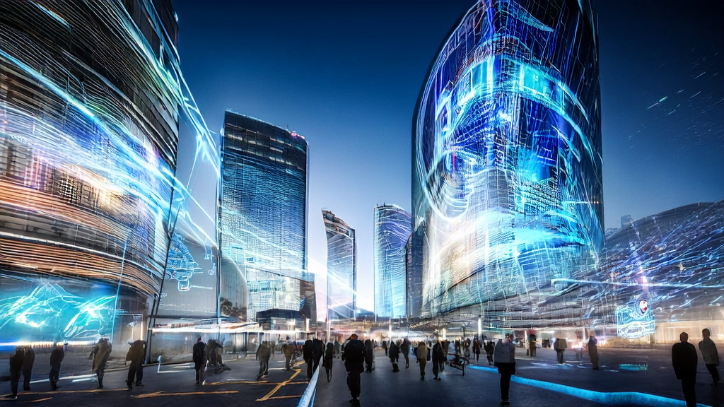 In a futuristic city, a high-tech skyscraper showcases AI technology applications in cross-border e-commerce, with technicians using the Quake AI browser for data analysis and ad optimization.