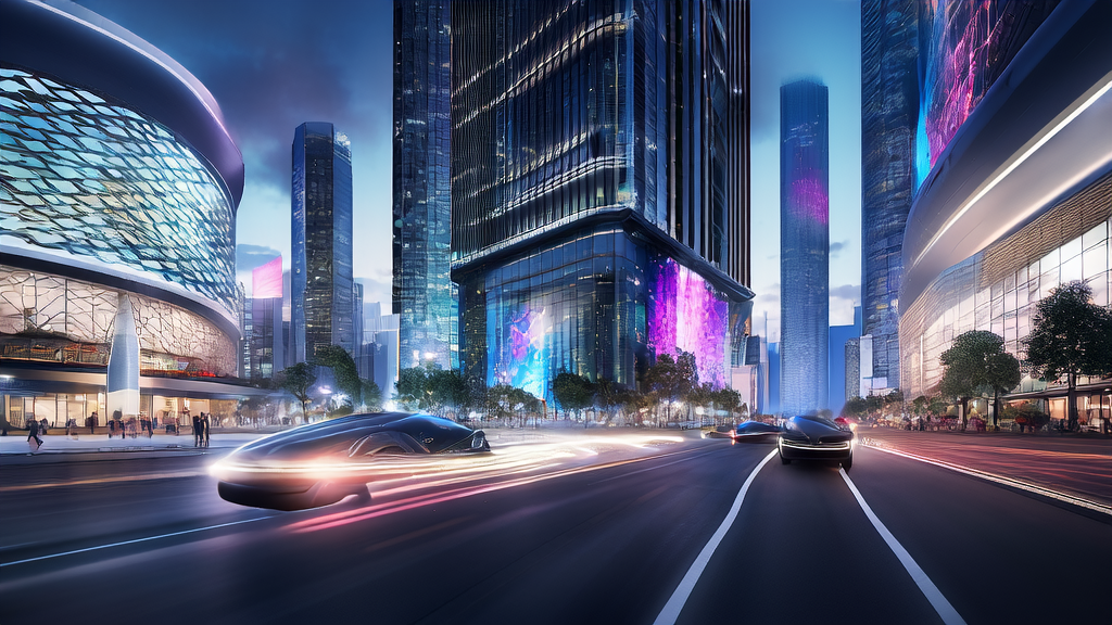 Tesla Robotaxis and AI-powered customer acquisition for cross-border e-commerce in a futuristic cityscape