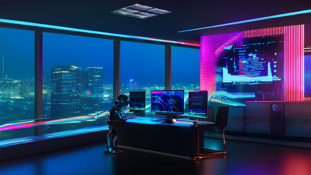 Futuristic office with AI-optimized email marketing on a smart computer and robot assistant