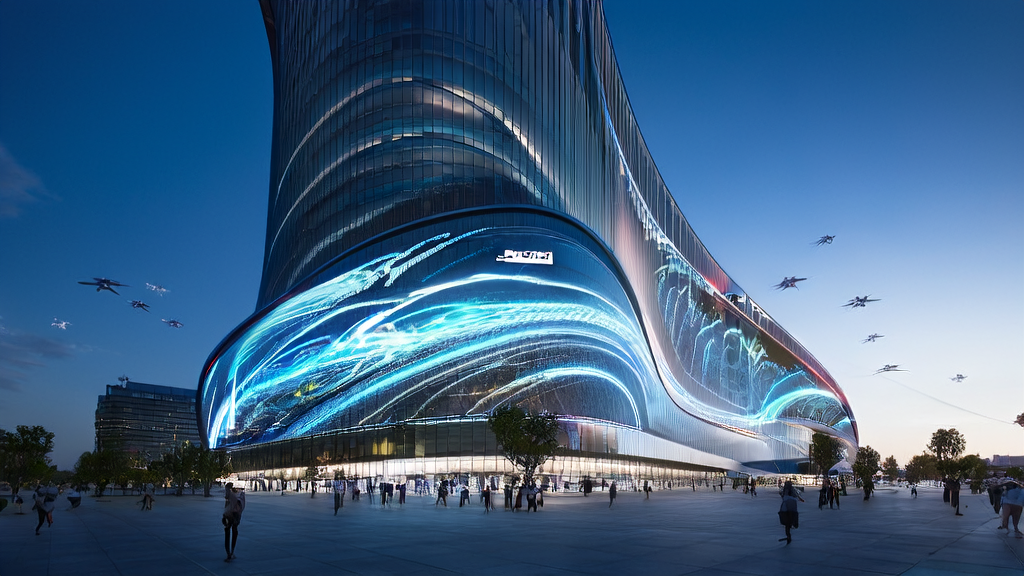 AI technology applications in a futuristic city, showcasing Microsoft's transformation leading new marketing trends