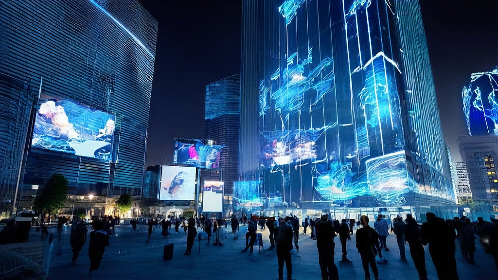 A futuristic city scene showcasing AI-optimized advertising to achieve high conversion and low CPA for cross-border e-commerce companies