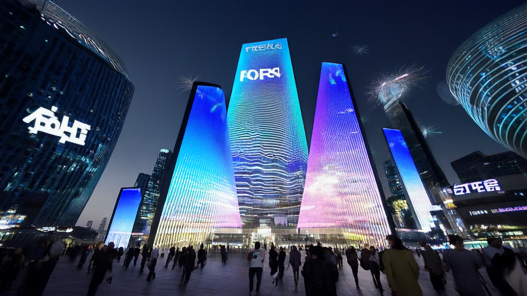 A futuristic city scene showcasing AI-driven advertising through TRAE SOLO, highlighting real-time perception and multi-agent technology for optimized ad placement