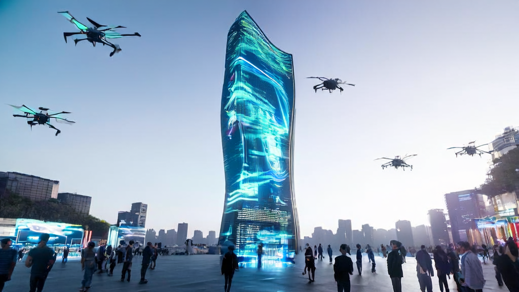 未来城市中的AI广告优化场景，展示了2025年的高科技广告投放方式和青少年安全浏览保护措施。