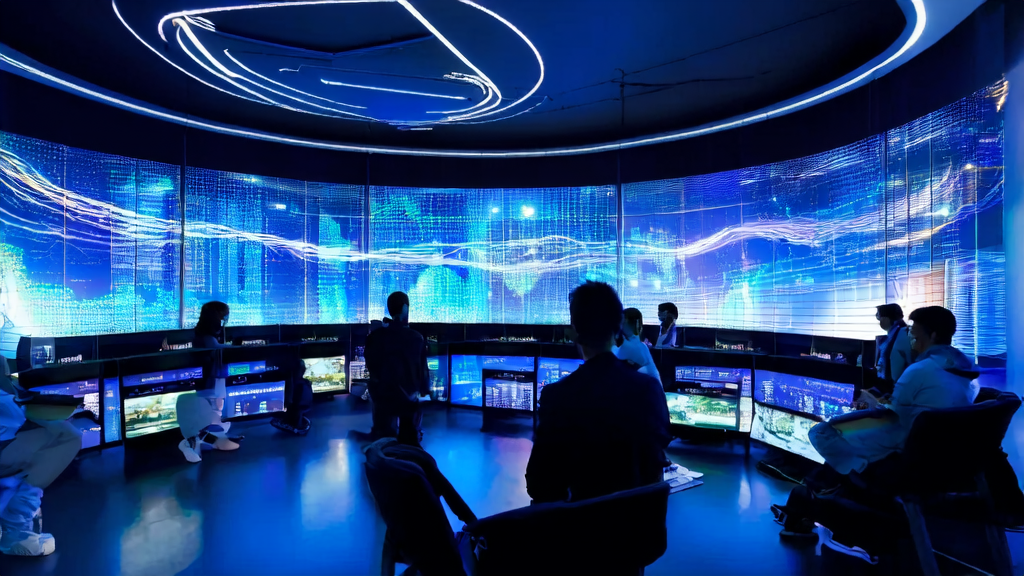 A young programmer in a futuristic tech office using the Kimi Linear hybrid linear attention architecture system for cross-border e-commerce email automation tools