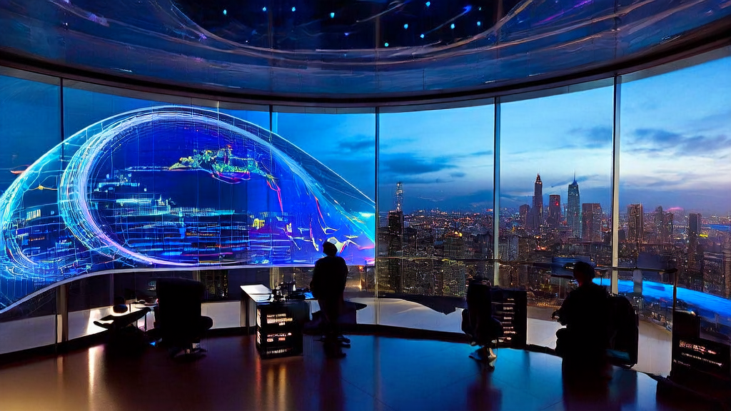 未来城市的跨境电商公司办公室内，数据科学家们使用AI客户预测模型实时分析全球客户数据