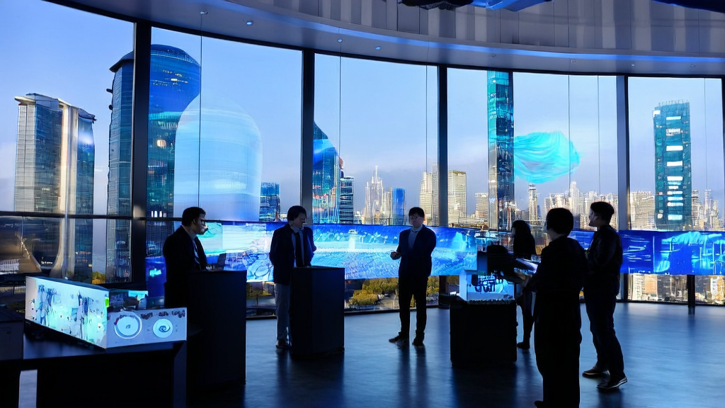 A startup team in a futuristic city utilizing AI email marketing to enhance business performance