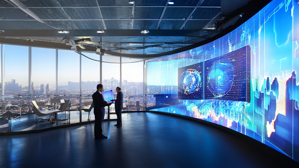 未来城市的办公场景，展示跨境电商企业利用AI技术进行客户数据分析和市场拓展