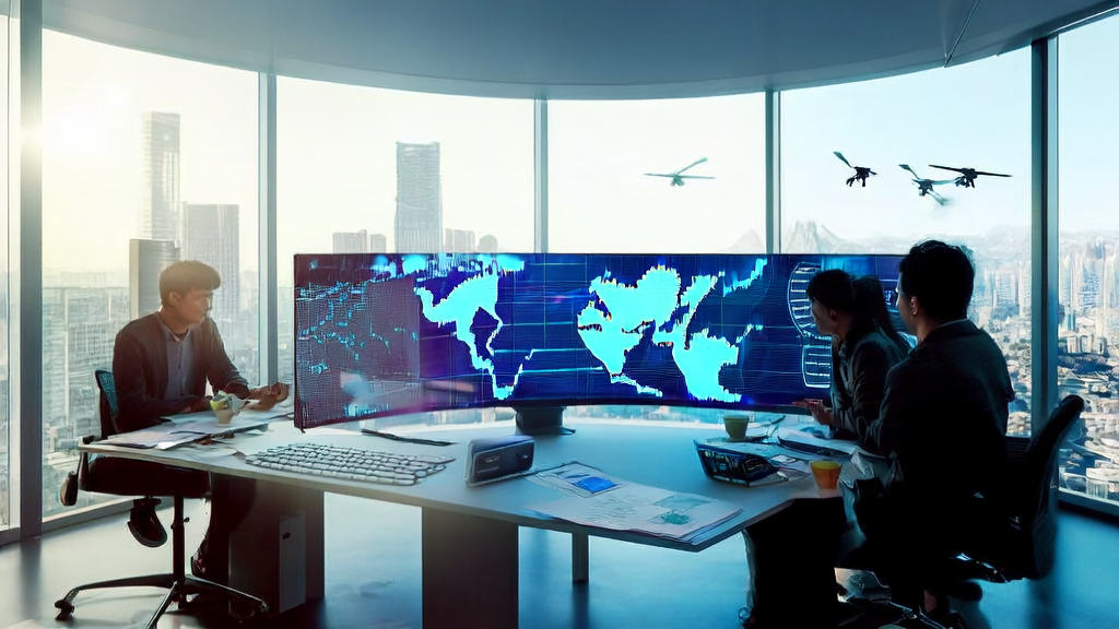 未来城市的办公室内,跨境电商创业者利用AI技术实现精准获客