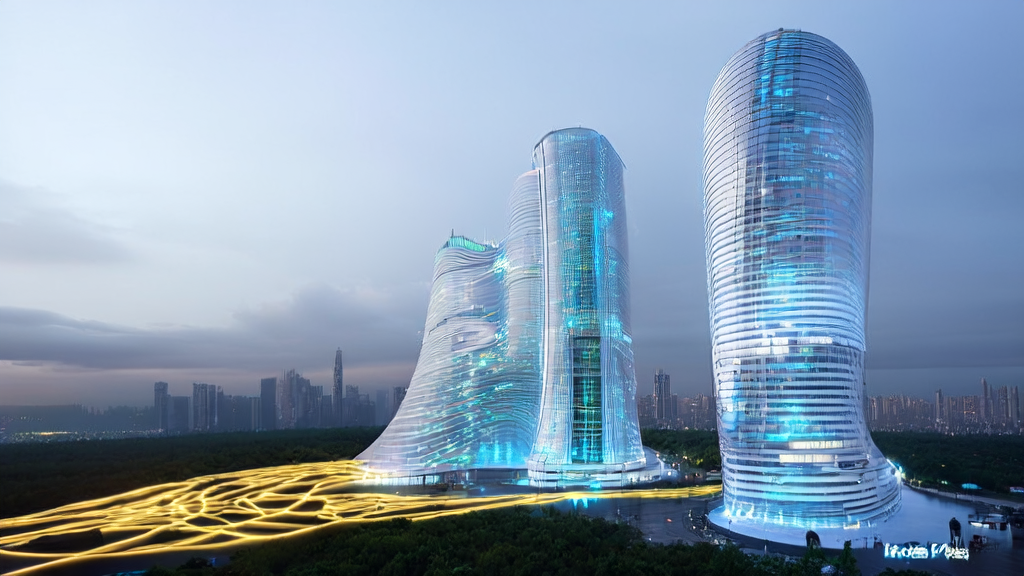 2025年AI关键词优化助力独立站流量暴增，未来城市中的独立站大厦与数据河流交织，展现AI获客新趋势。