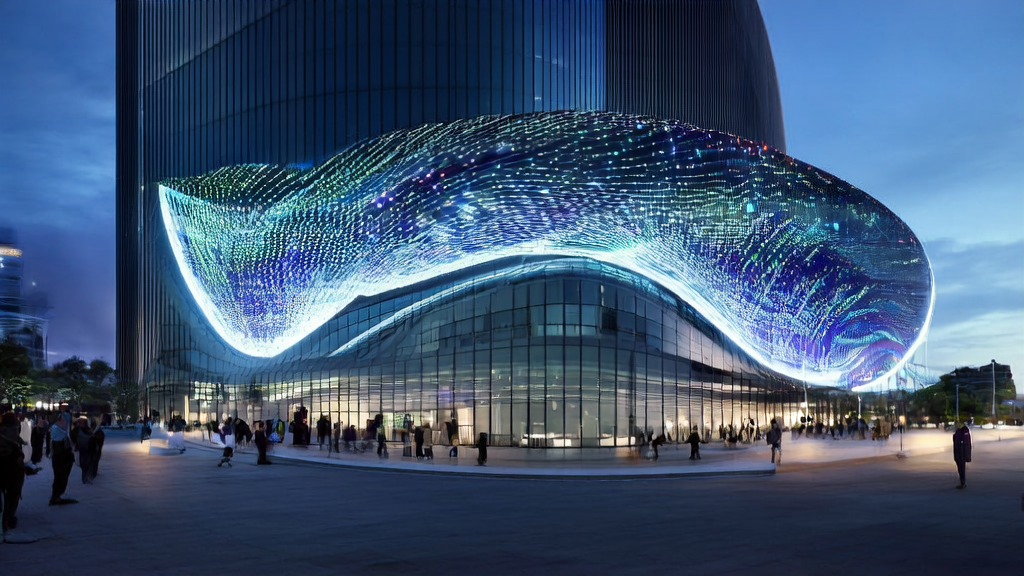 In a futuristic tech park, people interact with multi-game AI models and AI-optimized advertising technologies through smart glasses