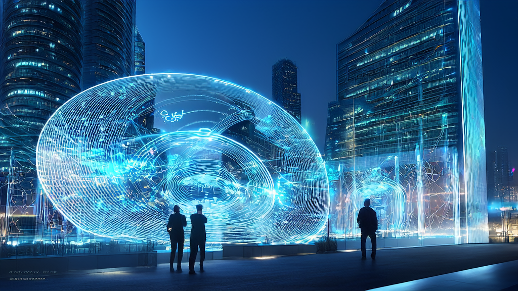 未来城市中的一位创业者使用“遨虾”AI智能体进行超个性化邮件营销和精准客户触达