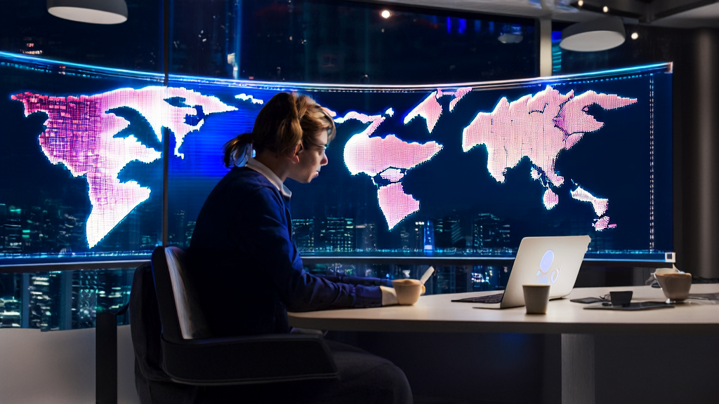 未来数字世界的跨境电商办公室,展示AI优化广告投放的实时数据和梦幻特效广告