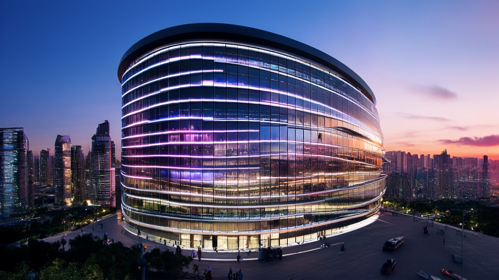 In a futuristic city, cross-border e-commerce executives are discussing AI-driven customer acquisition strategies in a high-tech meeting room.