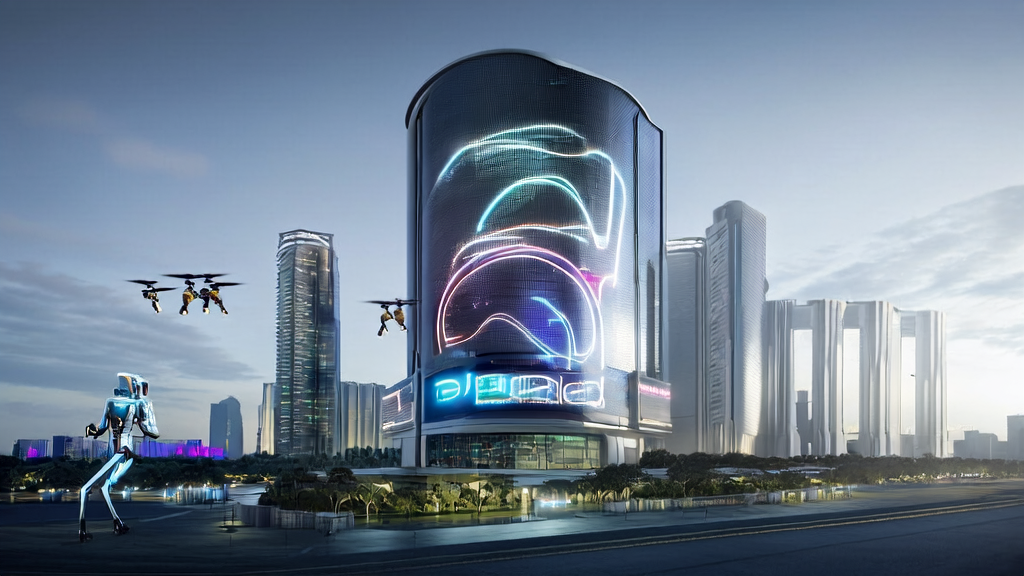 2025 Cross-border E-commerce AI Acquisition Trends: A modern cross-border e-commerce building with an AI robot showcasing the latest technology, set against a backdrop of Global Unicorn 500 logos.