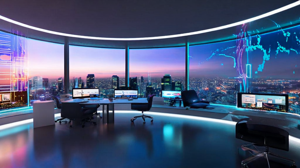 Employees discussing cross-border email automation tools in a futuristic office