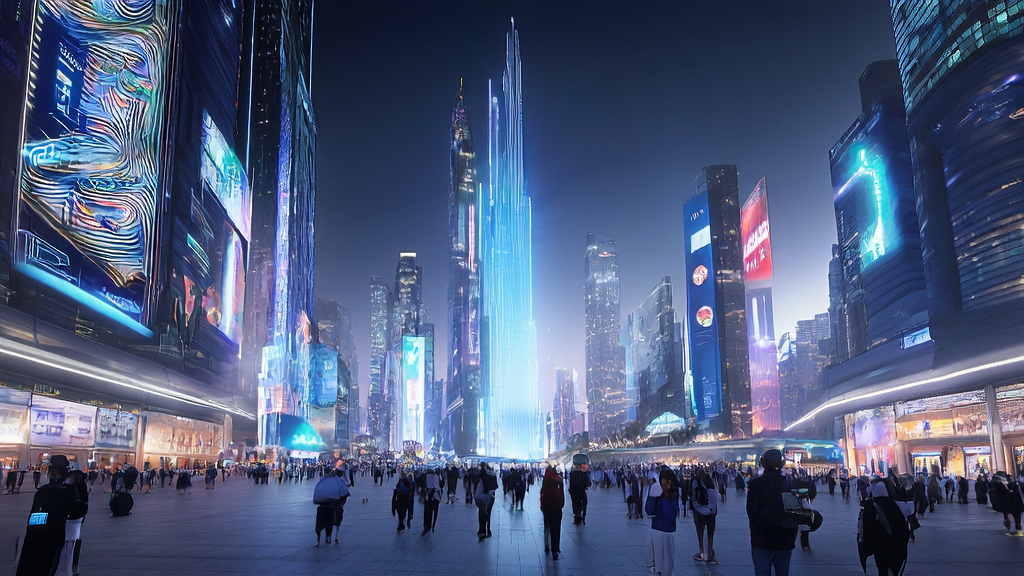 AI shopping assistants and smart billboards in a futuristic city, showcasing the new trends of AI commerce in 2025