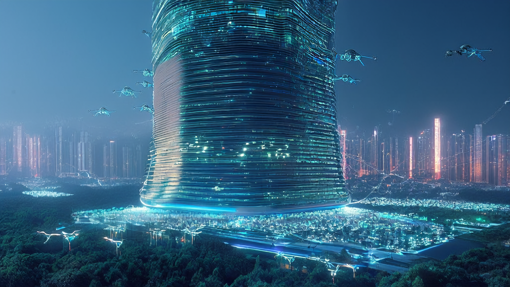 未来城市的智能科技中心，展示360纳米AI L4多智能体蜂群系统的高效协作