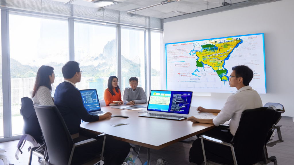 Tech professionals discussing AI acquisition strategies for the Southeast Asian market, showcasing DAMO Academy's open-source technology and market data.
